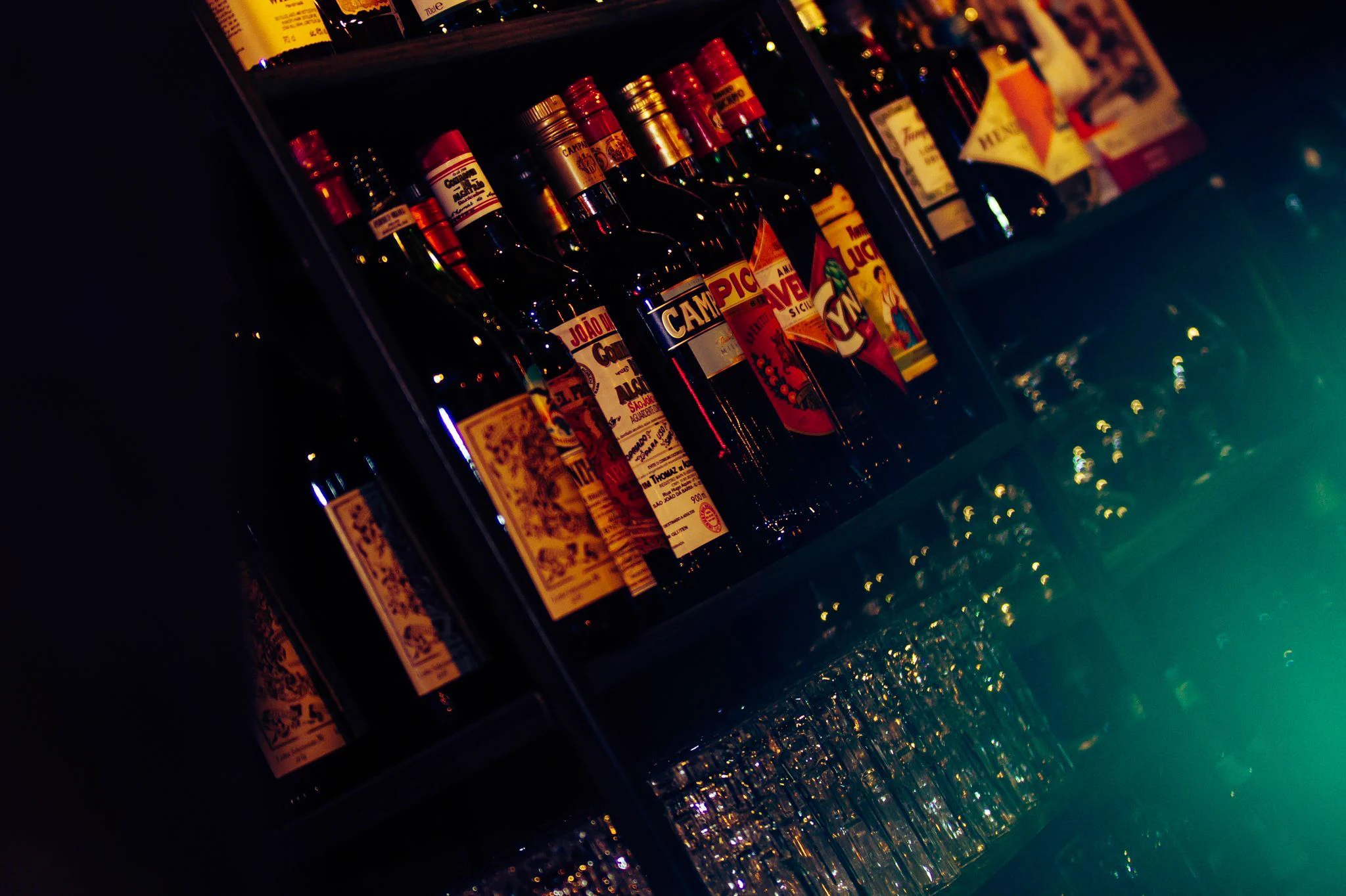 Back bar shelf of spirits